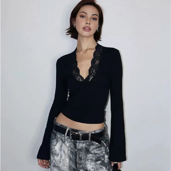 NWOT: Lace Trim V-Neck T-Shirt - Picture 2 of 4